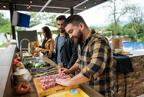 Benefits of Outdoor Kitchen Installation Service, showcasing tailored outdoor designs, weather-resistant materials, complete project management, and value-boosting aesthetics.