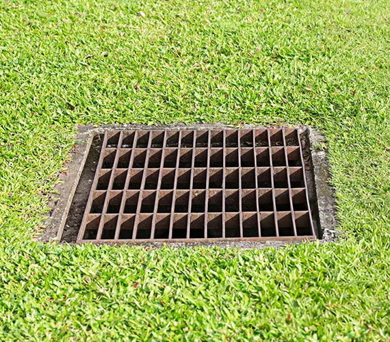 Drainage grate in a synthetic turf lawn in Peoria, AZ, showcasing proper water runoff.